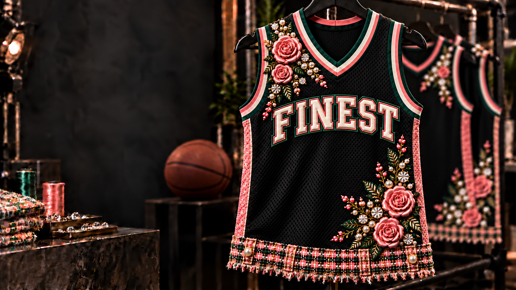 Black Finest basketball jersey with pink roses, pearls, and crystals
