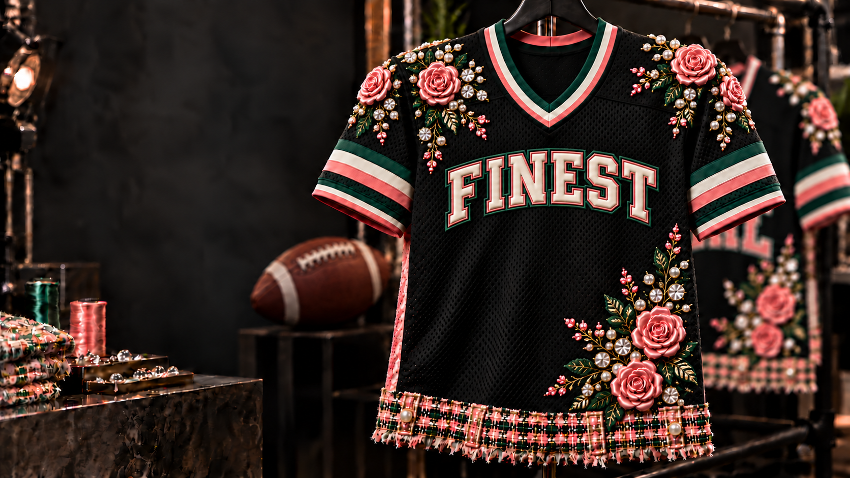 Black Finest football jersey with pink roses, pearls, and crystals