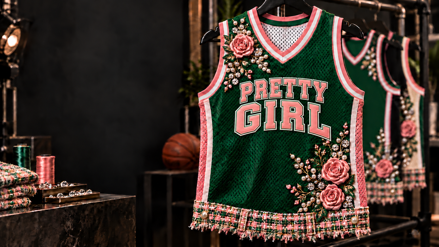 Green Pretty Girl basketball jersey with roses, pearls, and crystals