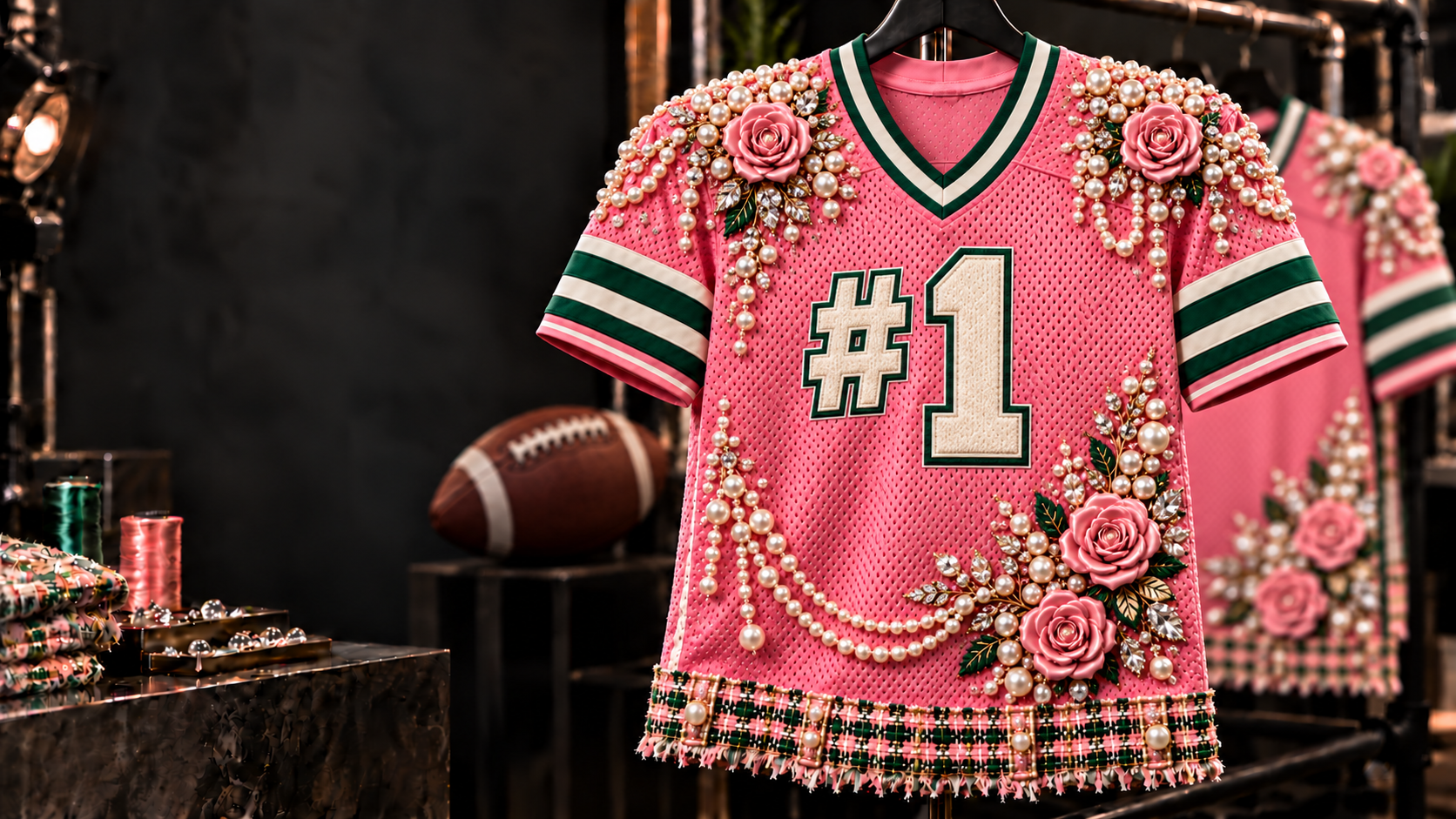 Pink number one football jersey with abundant pearl strands and roses