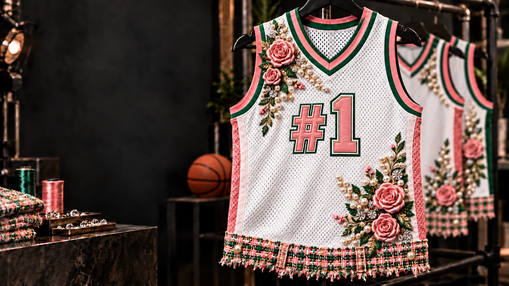 Pearl-white number one basketball jersey with pink roses and pearl details