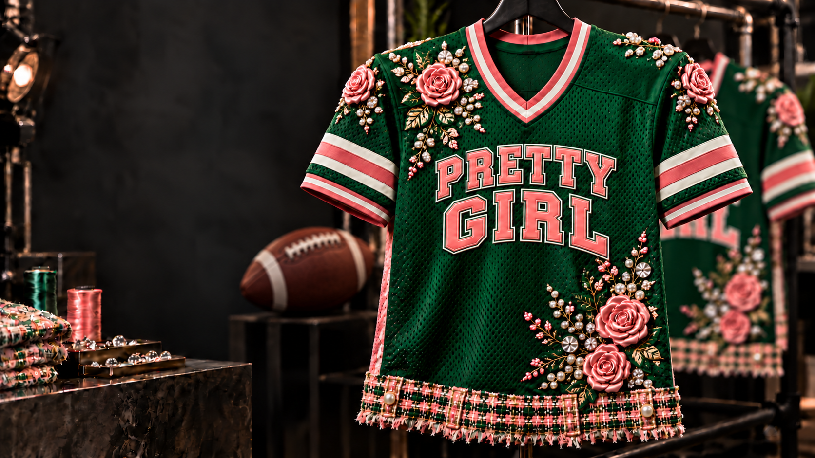 Forest-green Pretty Girl football jersey with pink roses, pearl clusters, botanical embroidery, and a football in the background